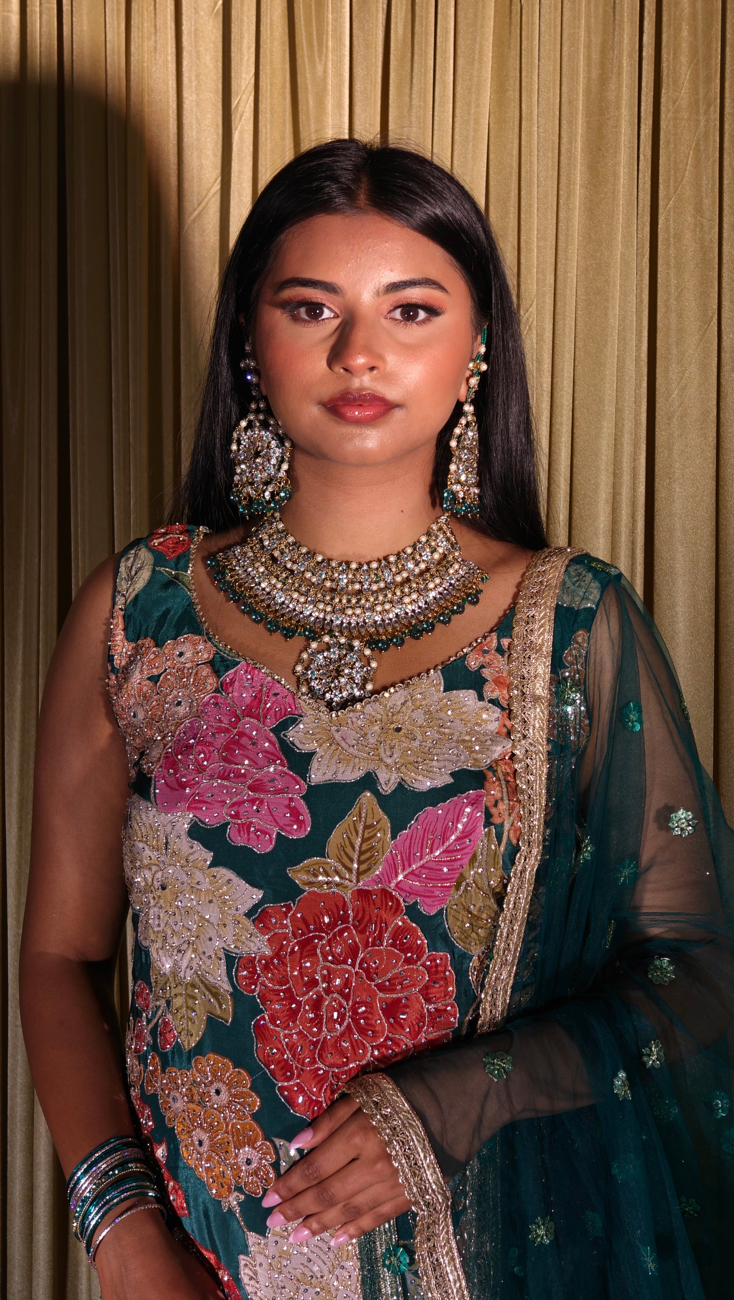 Teal Floral Embroidered Salwar Suit - with palazzo