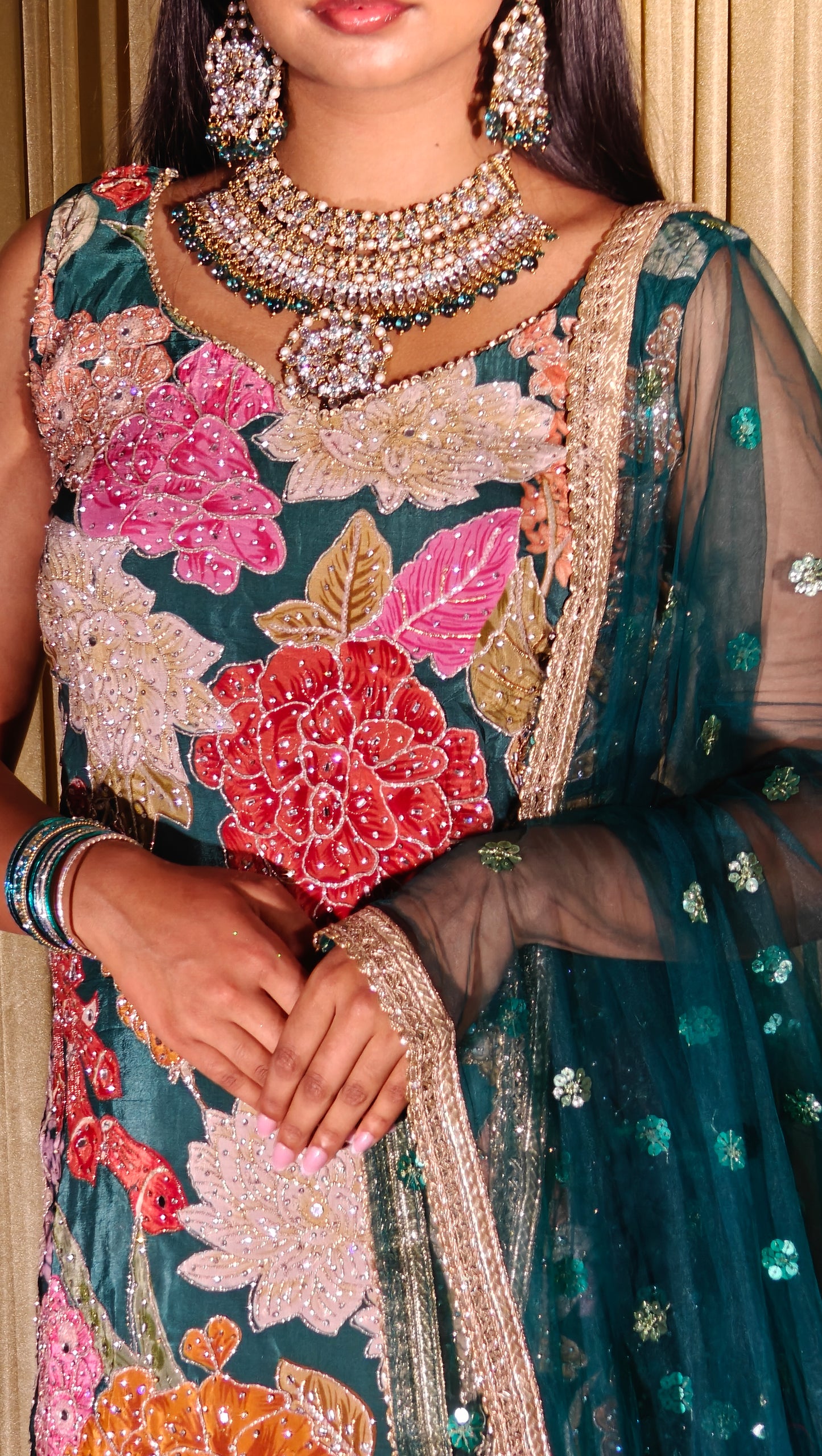 Teal Floral Embroidered Salwar Suit - with palazzo