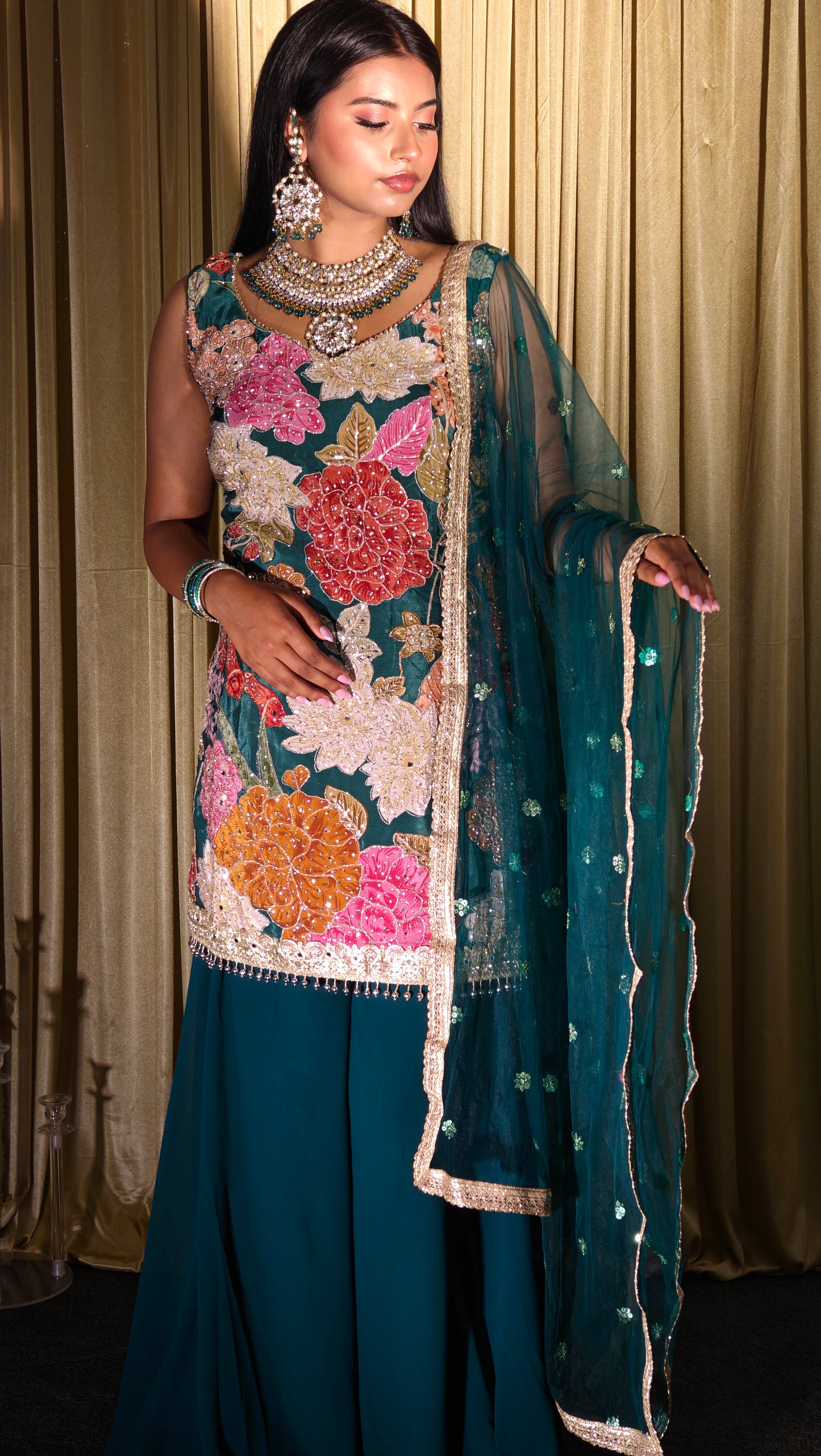 Teal Floral Embroidered Salwar Suit - with palazzo
