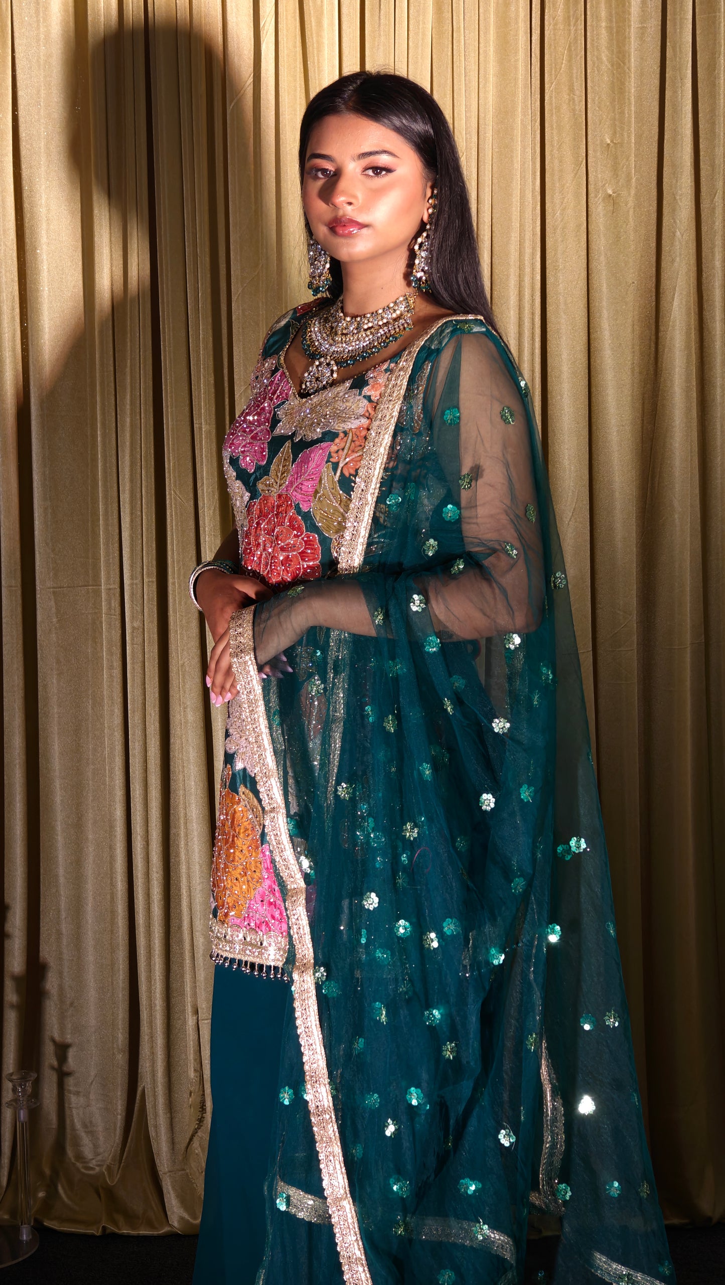 Teal Floral Embroidered Salwar Suit - with palazzo