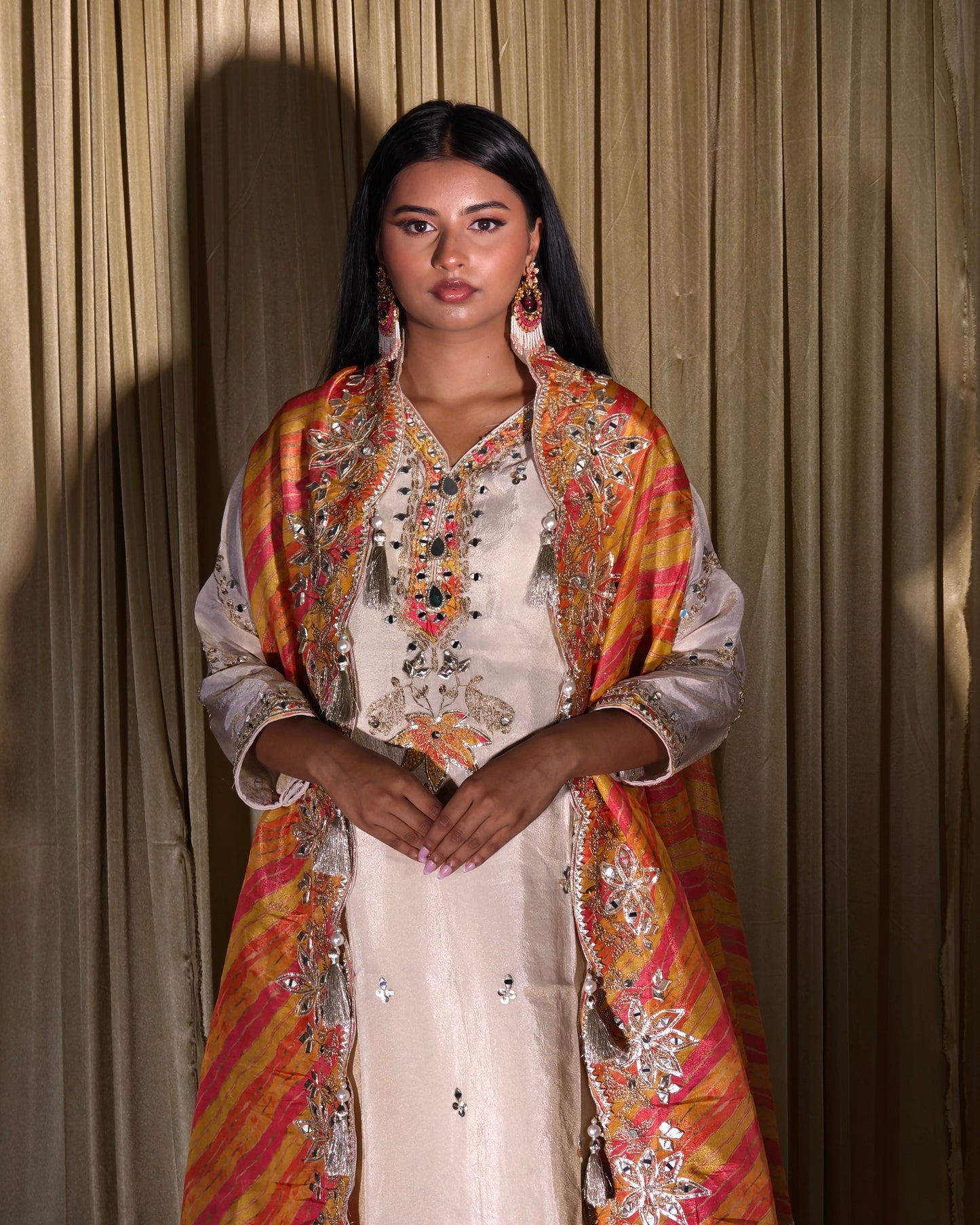Embroidered Salwar Set – Cream & Multicolour Dupatta