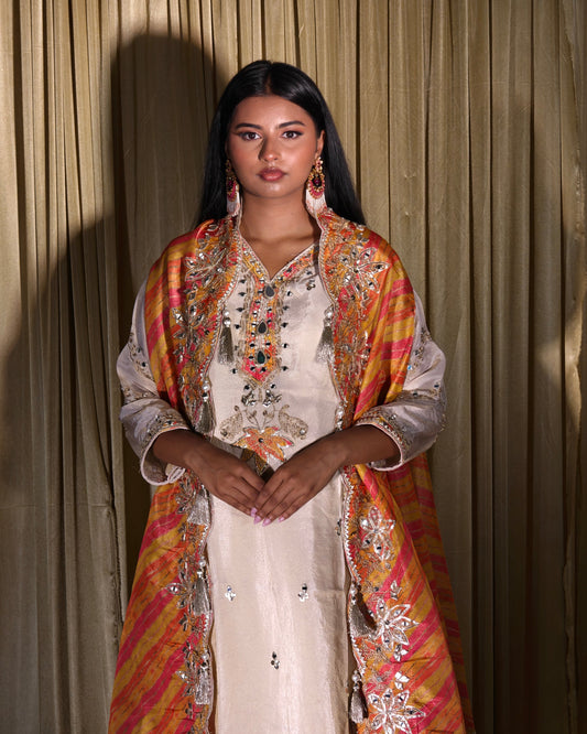 Embroidered Salwar Set – Cream & Multicolour Dupatta
