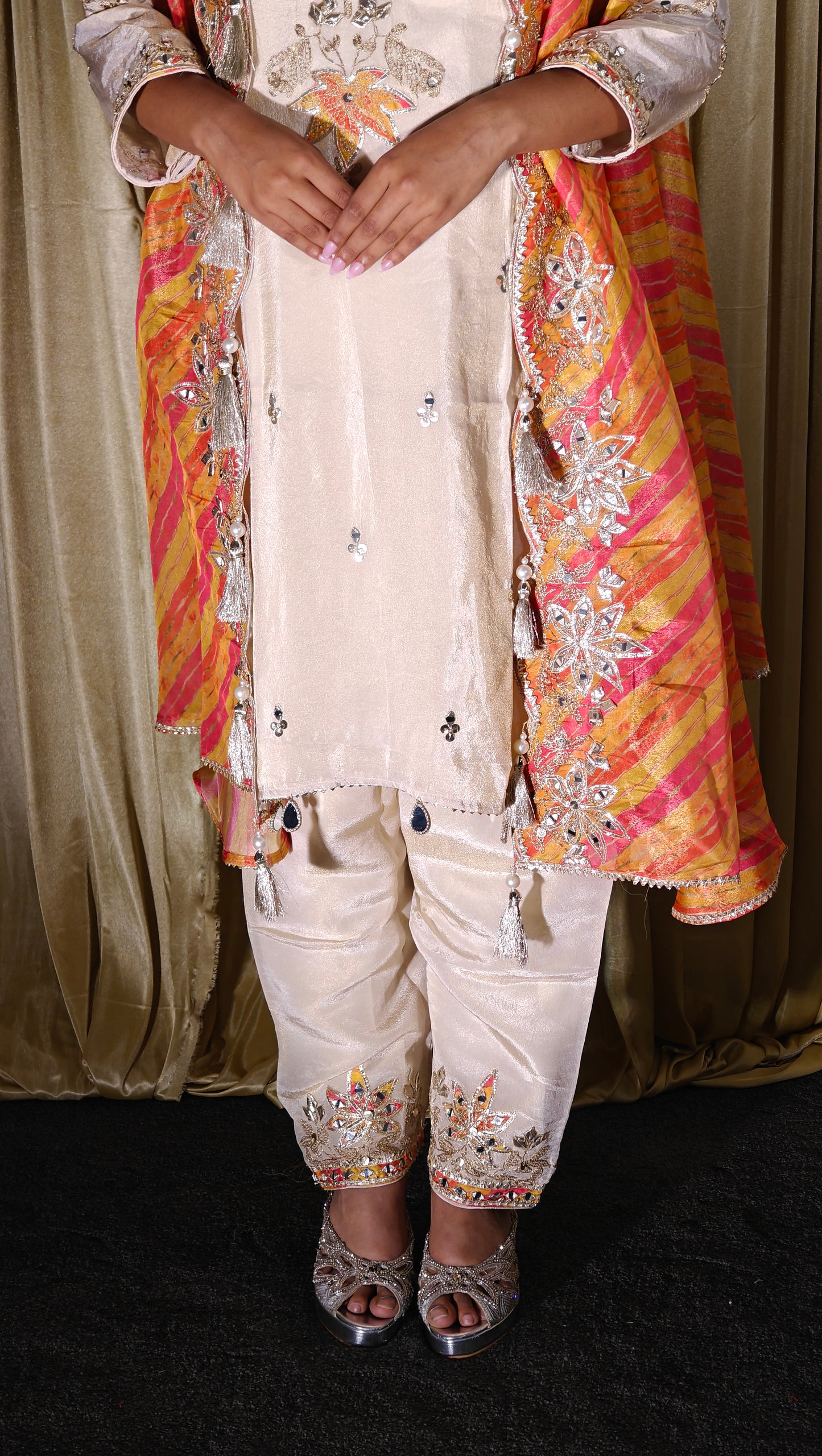 Embroidered Salwar Set – Cream & Multicolour Dupatta