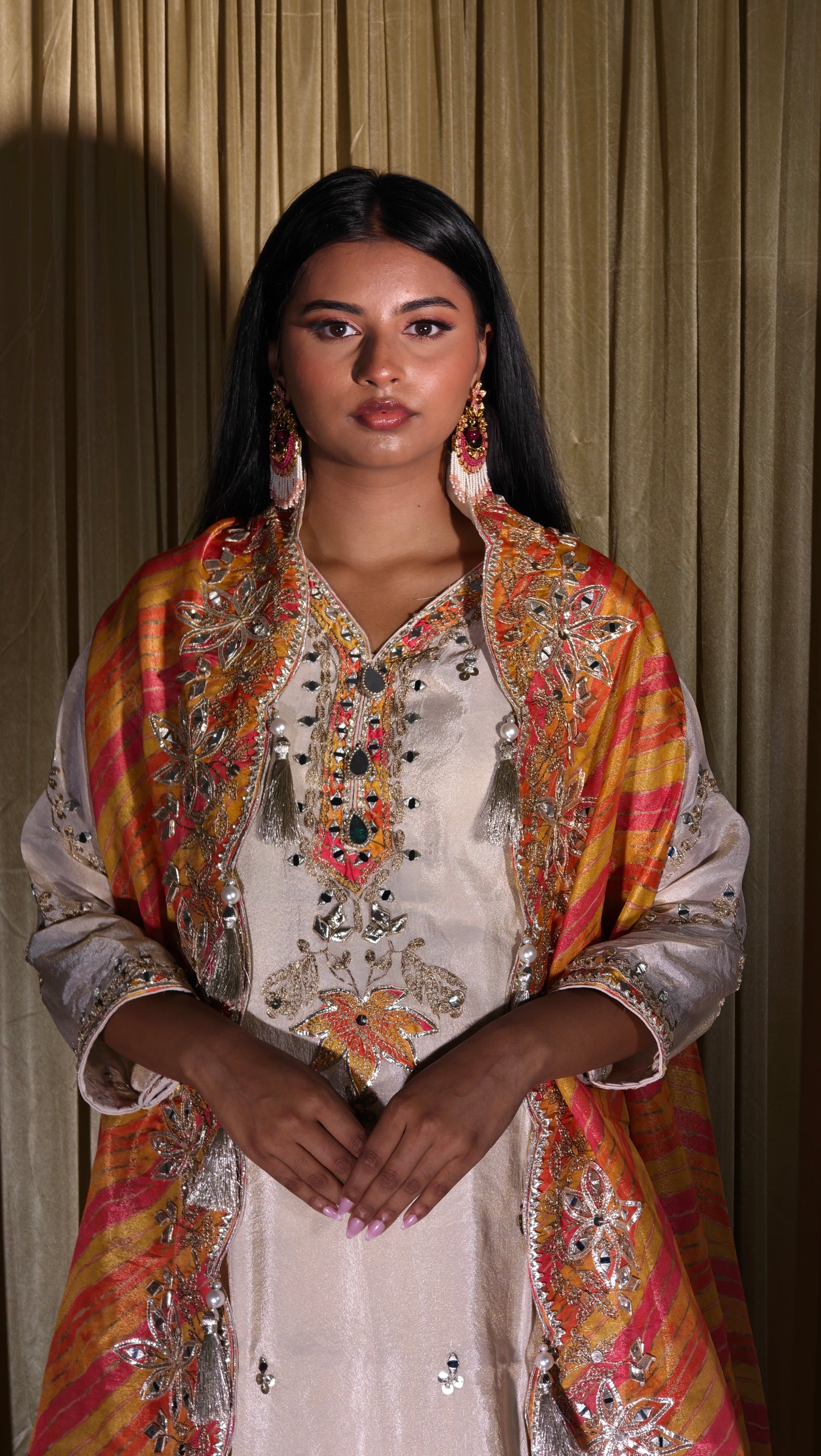 Embroidered Salwar Set – Cream & Multicolour Dupatta
