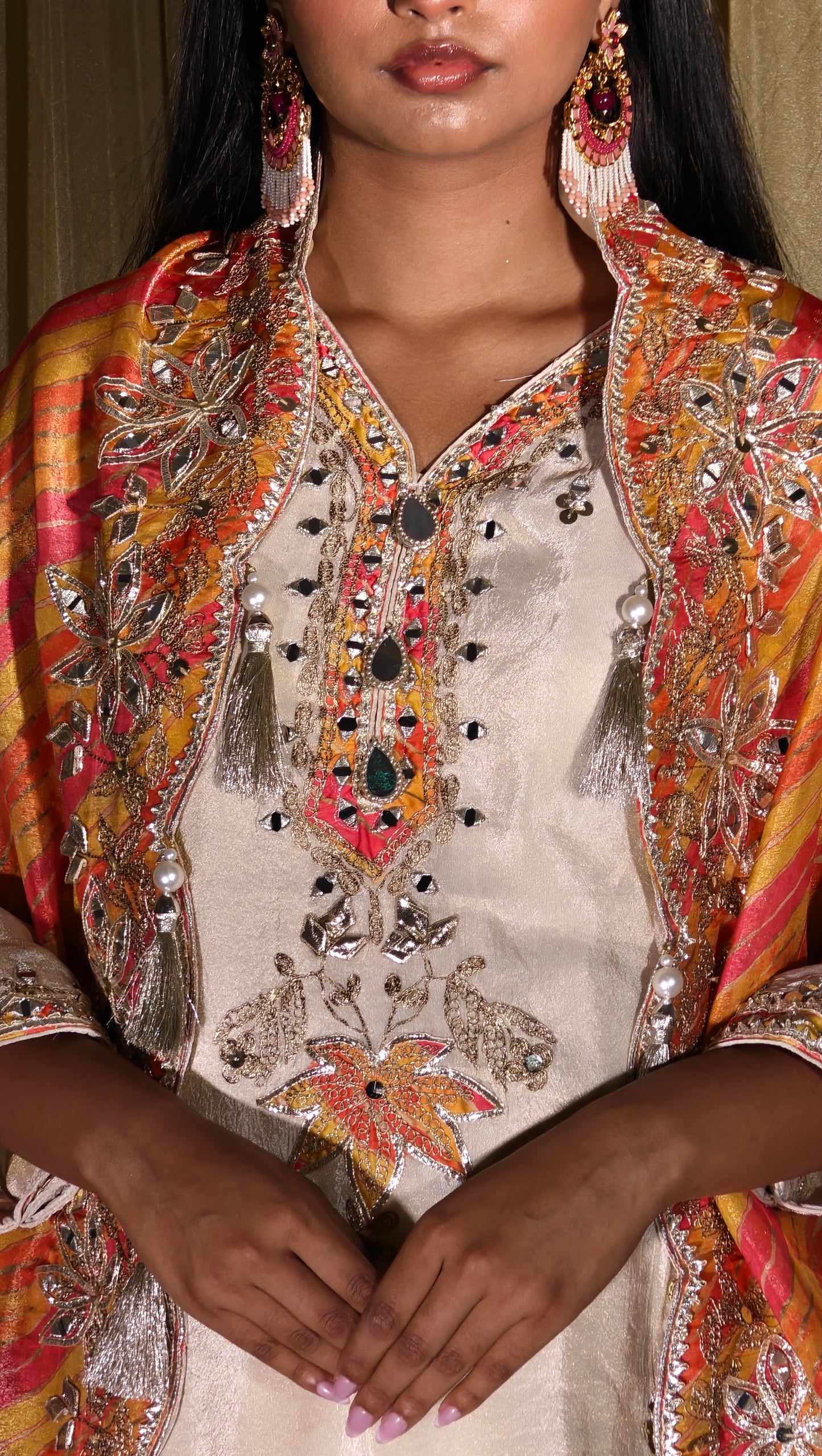 Embroidered Salwar Set – Cream & Multicolour Dupatta