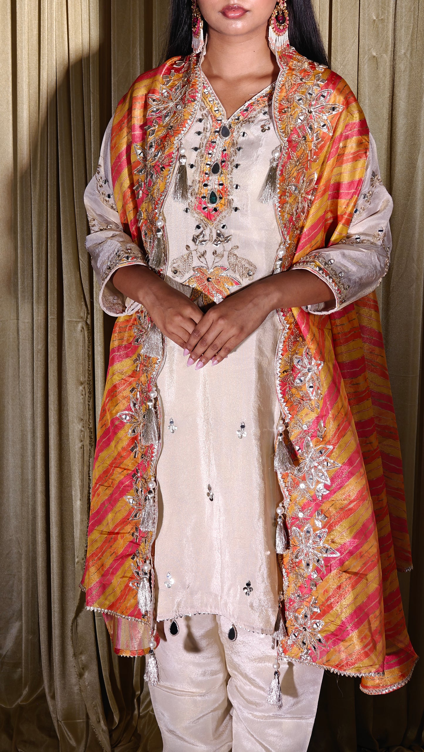 Embroidered Salwar Set – Cream & Multicolour Dupatta