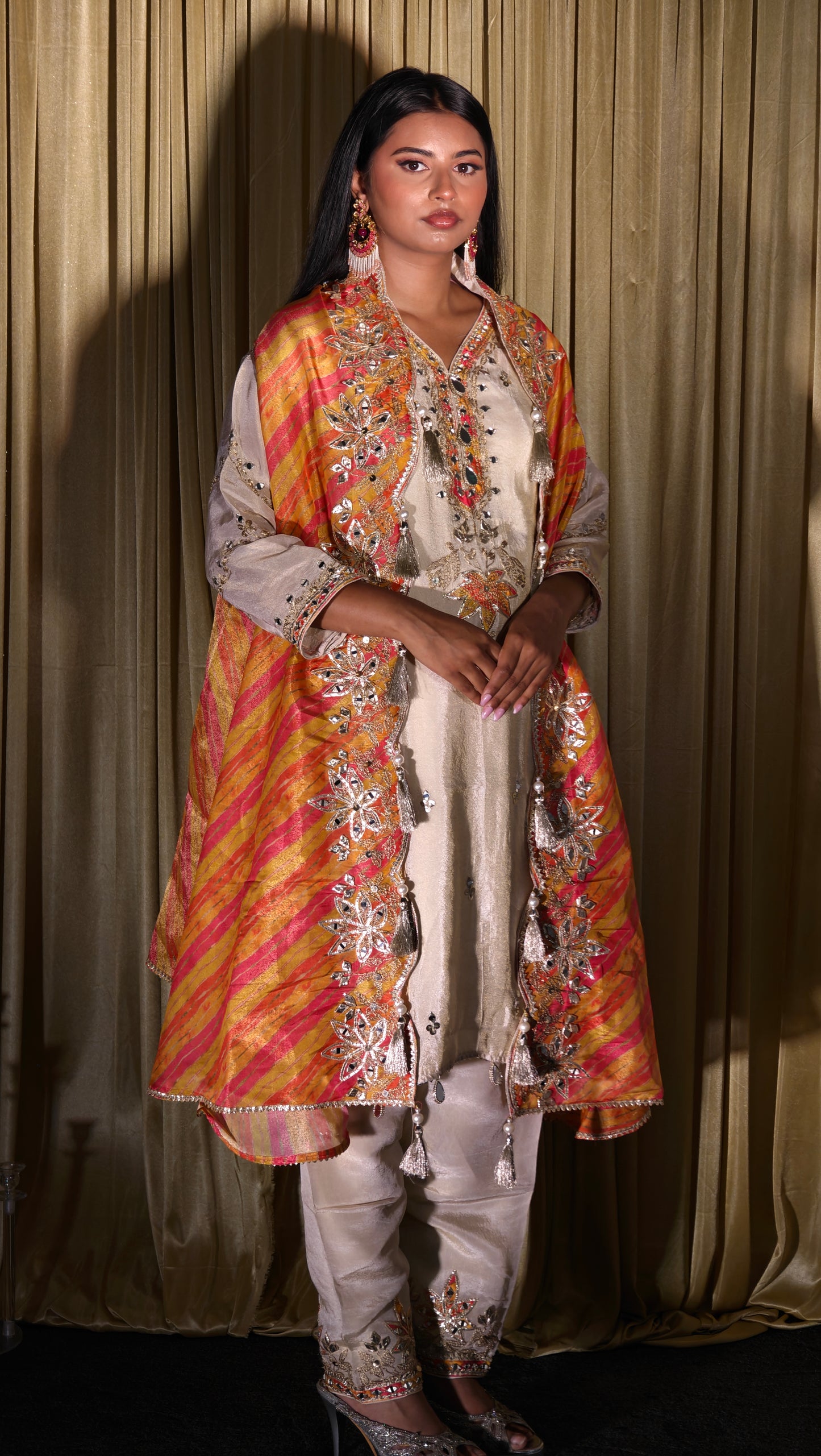 Embroidered Salwar Set – Cream & Multicolour Dupatta
