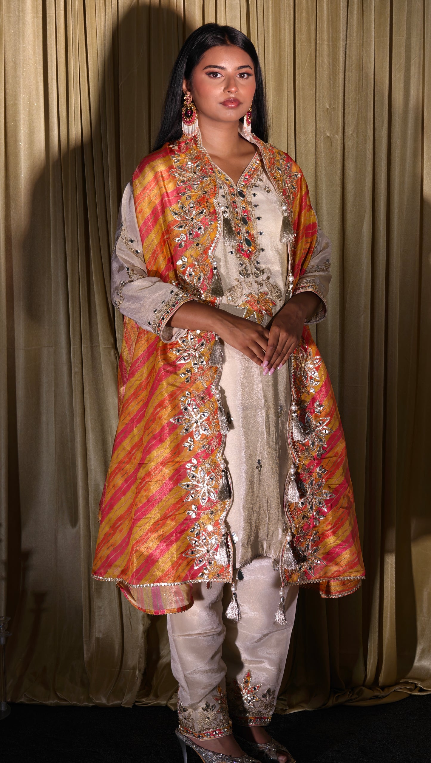 Embroidered Salwar Set – Cream & Multicolour Dupatta