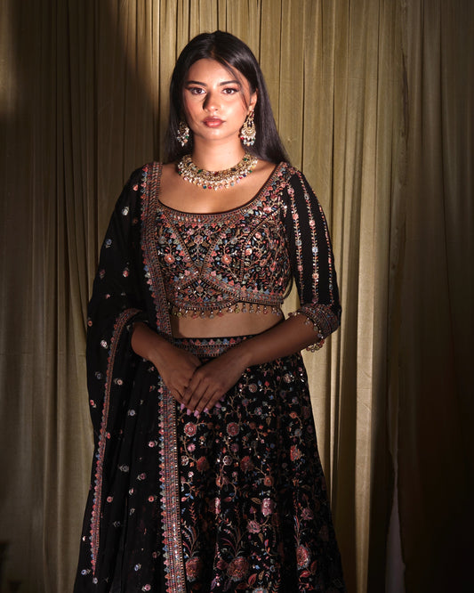Black Embroidered Lehenga Set