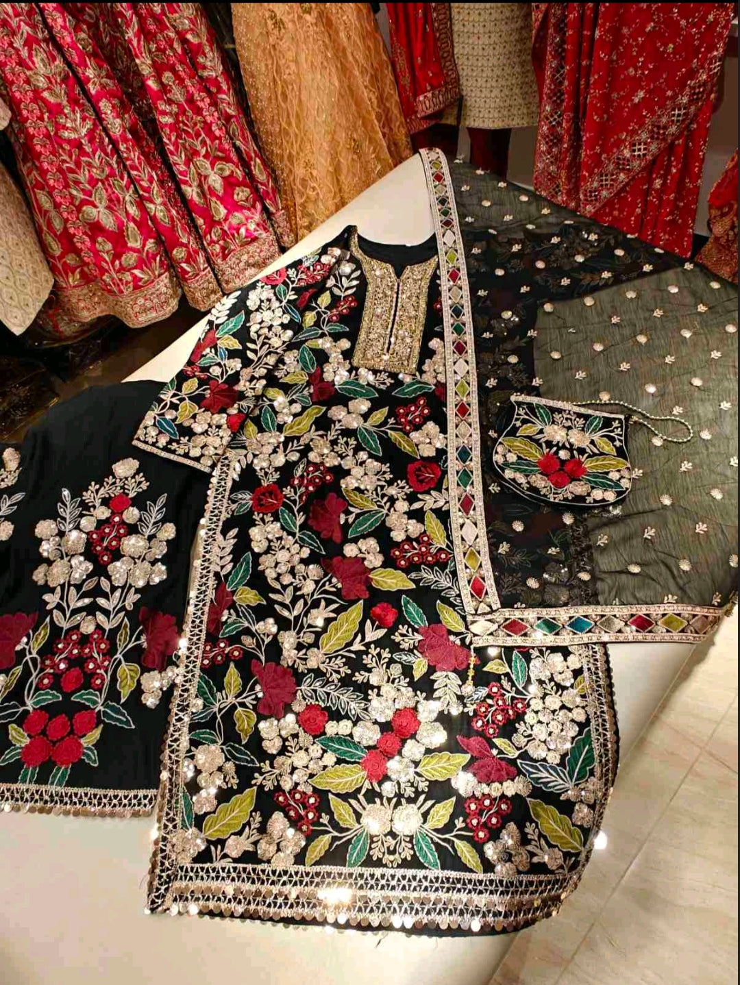 Black Floral Embroidered Salwar Suit with Potli