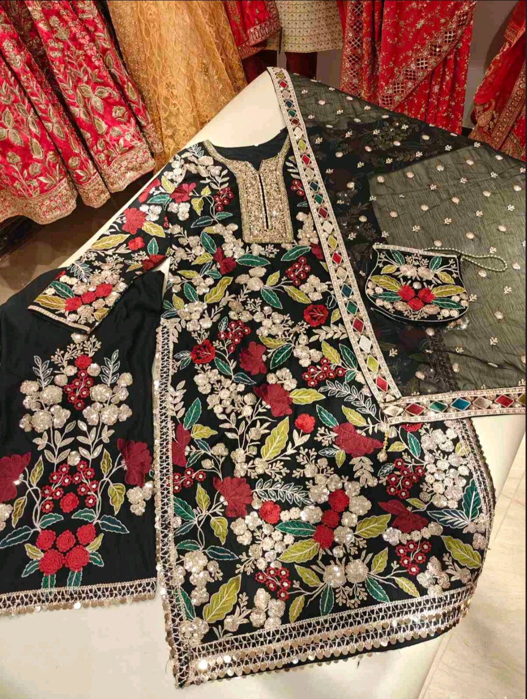 Black Floral Embroidered Salwar Suit with Potli
