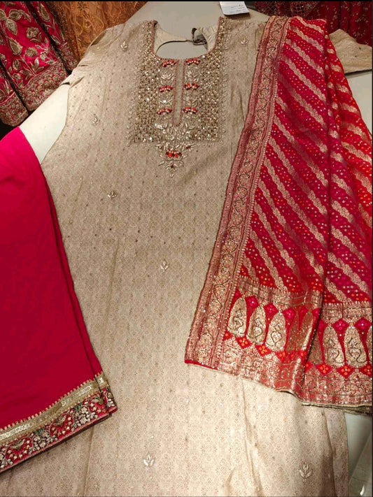 Beige & Red Embroidered Salwar Suit