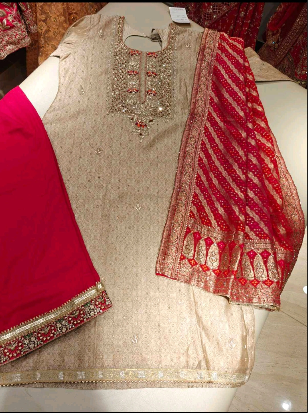 Beige & Red Embroidered Salwar Suit