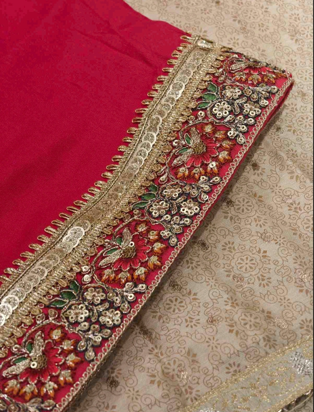 Beige & Red Embroidered Salwar Suit