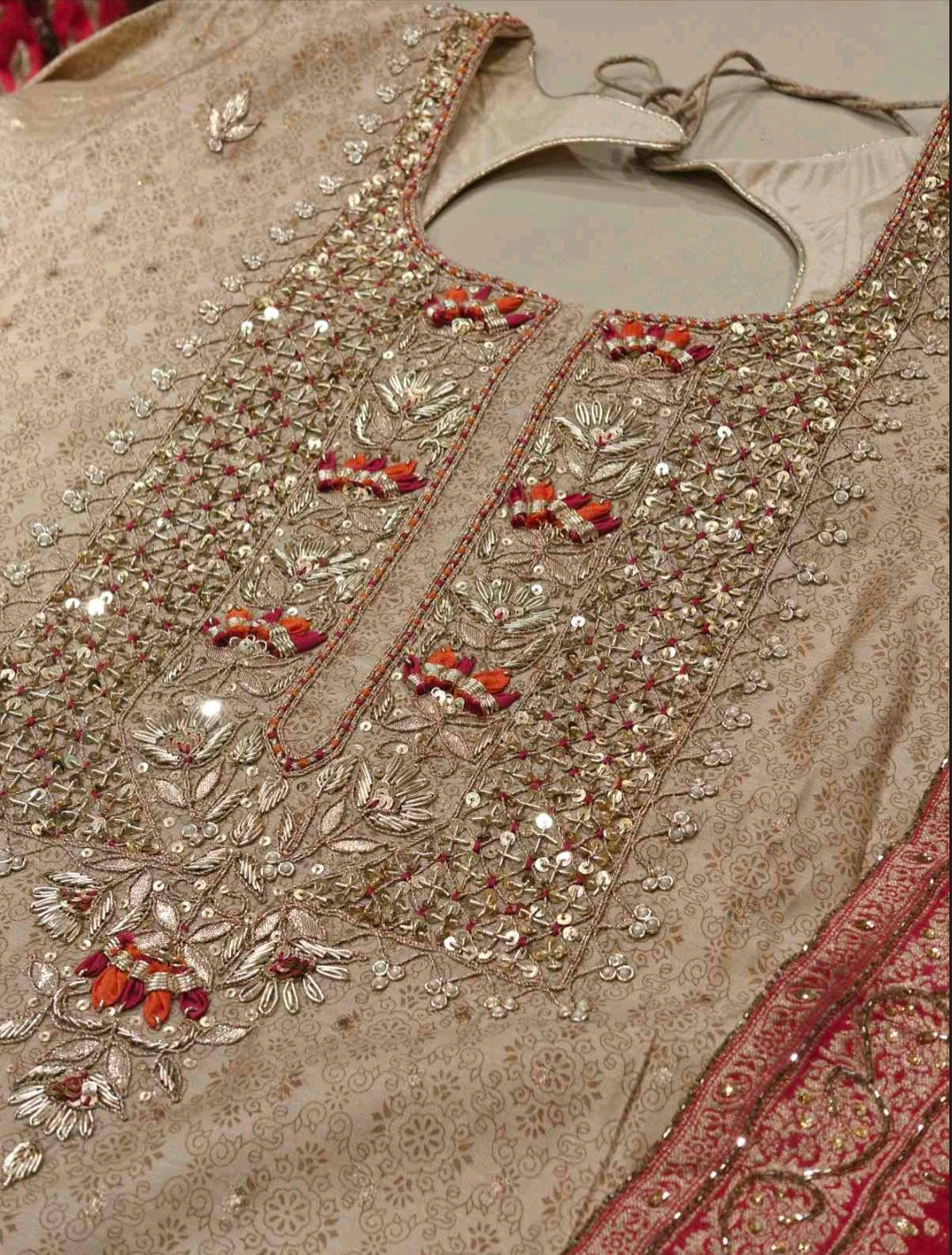 Beige & Red Embroidered Salwar Suit