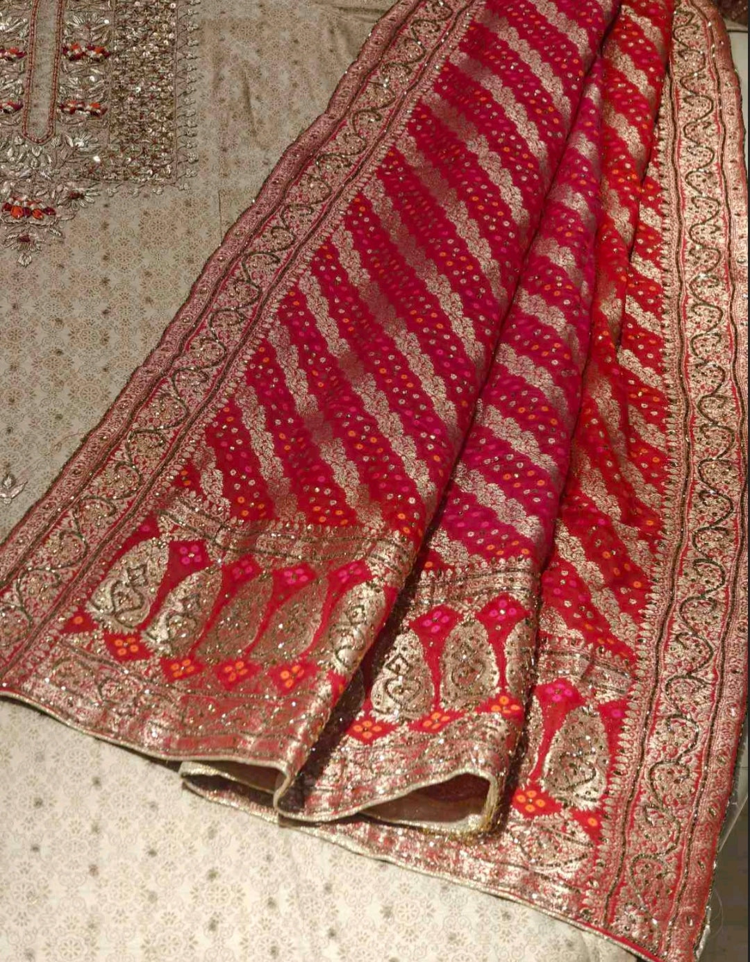 Beige & Red Embroidered Salwar Suit