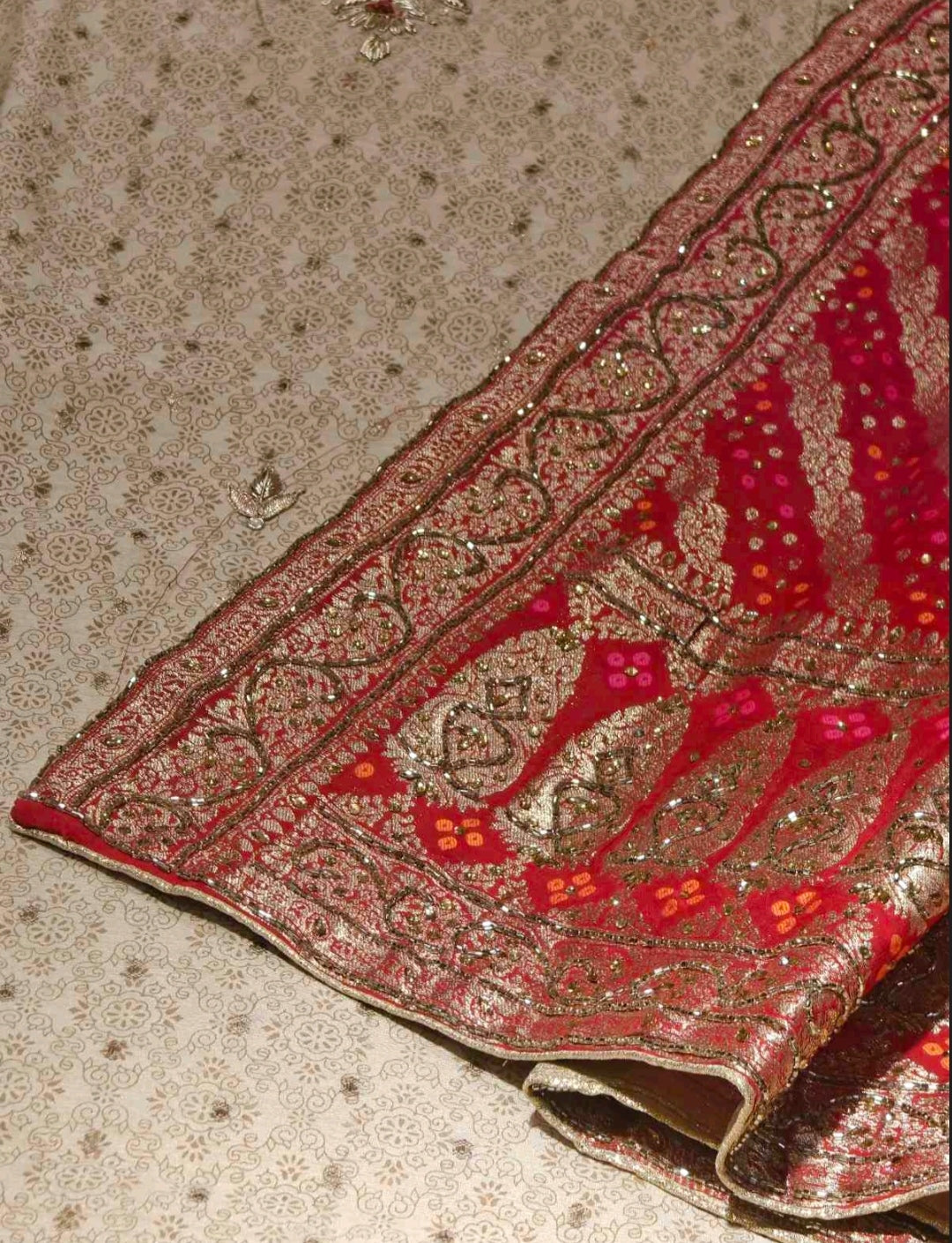 Beige & Red Embroidered Salwar Suit