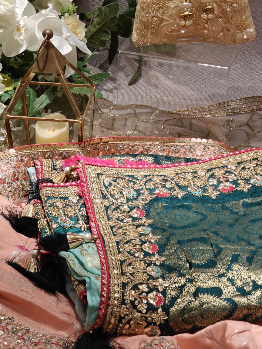 Peach & Emerald Embroidered Saree