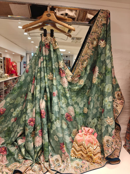 Sage Floral Embroidered Saree