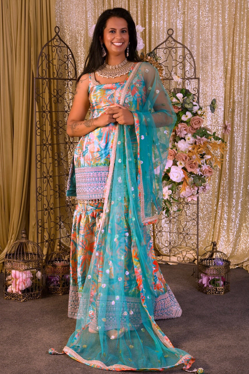 Turquoise Tropical Print Palazzo Set