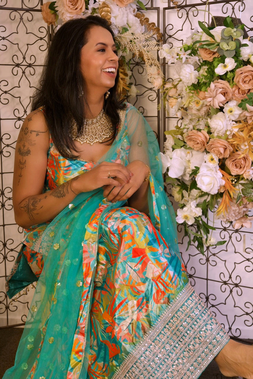 Turquoise Tropical Print Palazzo Set