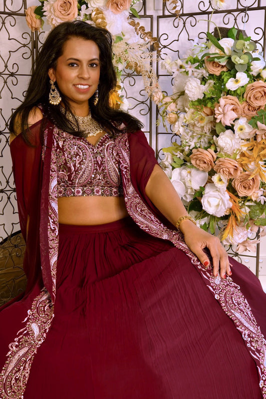 Wine Embroidered Lehenga Set with Cape