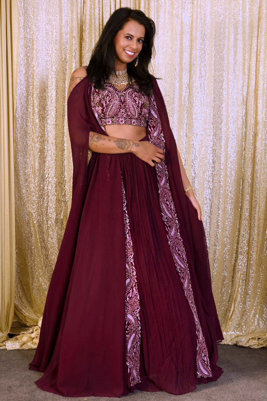Wine Embroidered Lehenga Set with Cape