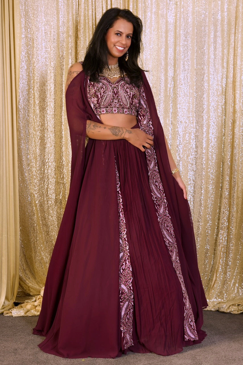 Wine Embroidered Lehenga Set with Cape