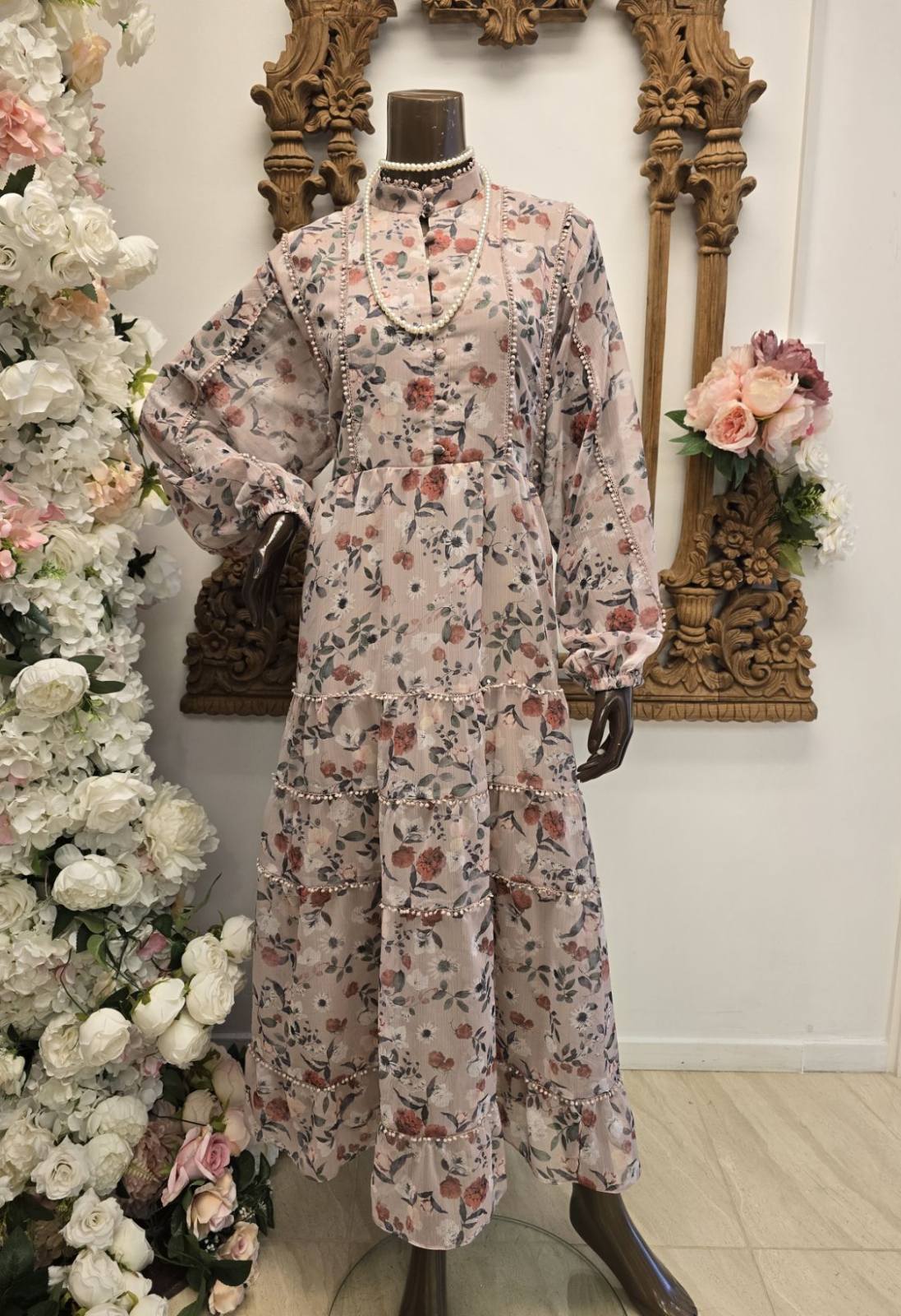 Blush Garden Pearl-Embellished Maxi Dress