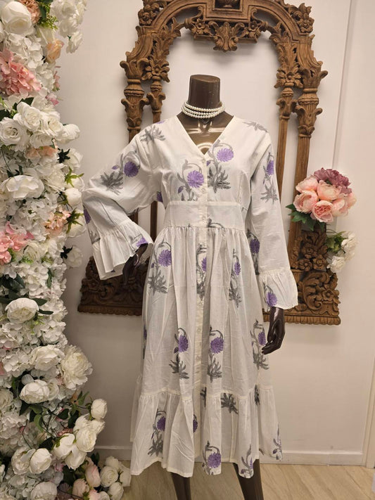 Lavender Mist White Button-Front Maxi Dress