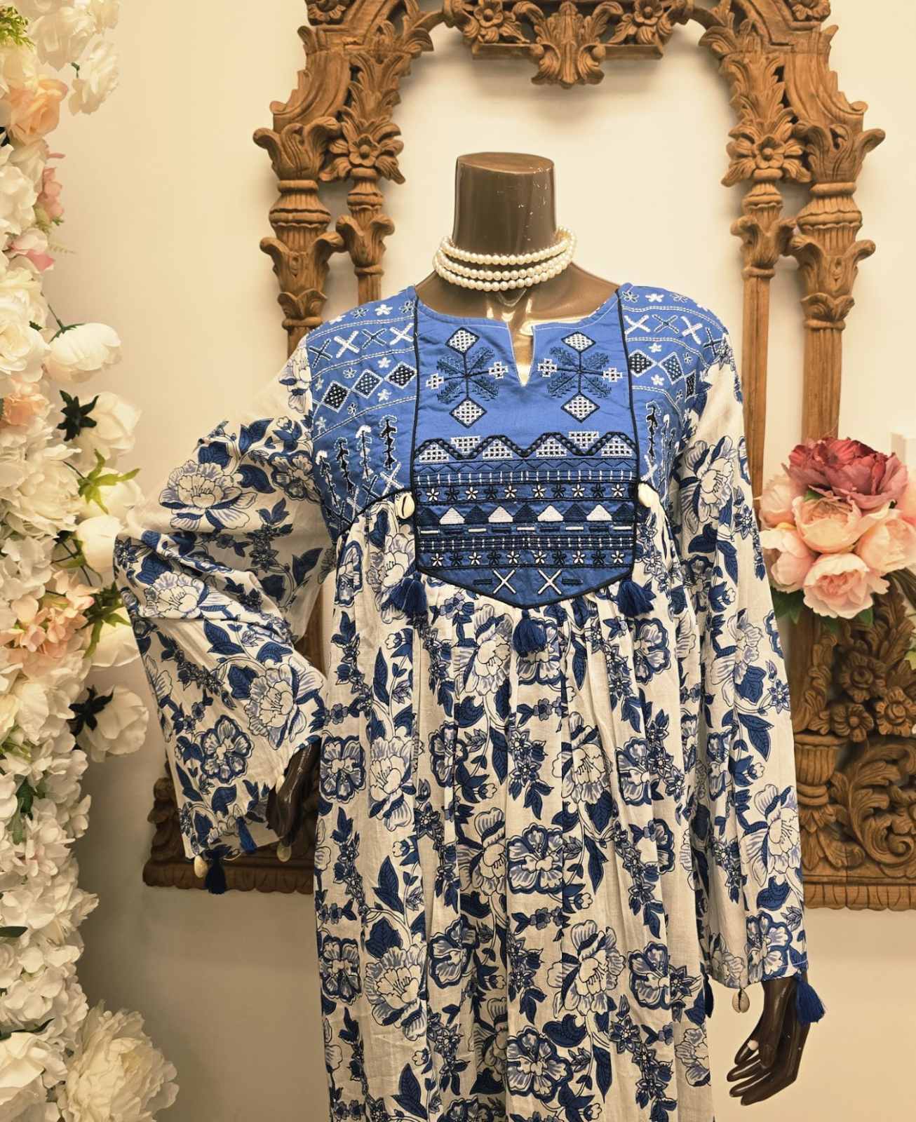 Azure Bloom Embroidered Maxi Dress
