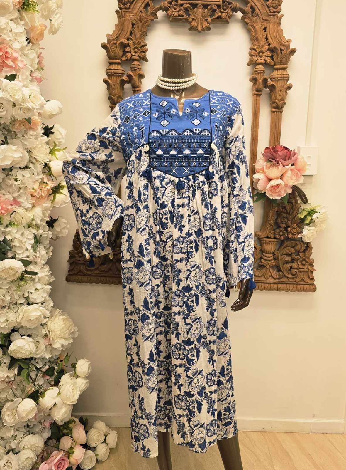 Azure Bloom Embroidered Maxi Dress