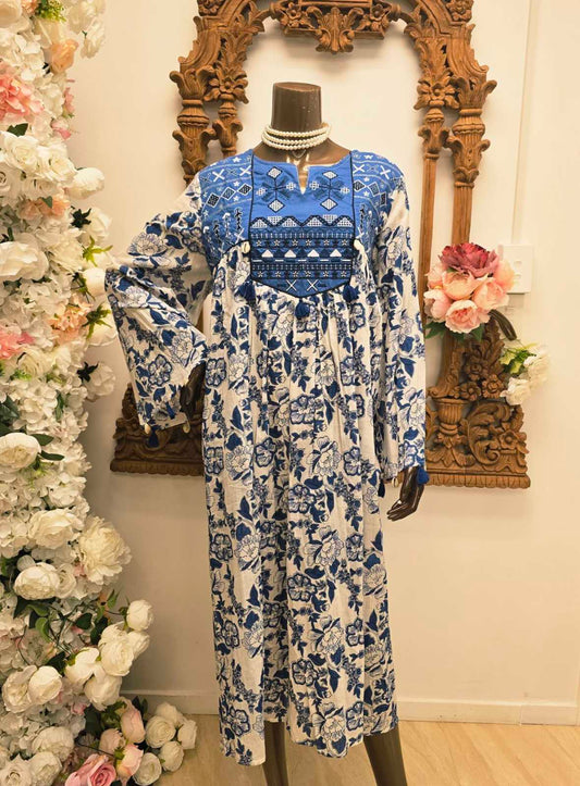 Azure Bloom Embroidered Maxi Dress