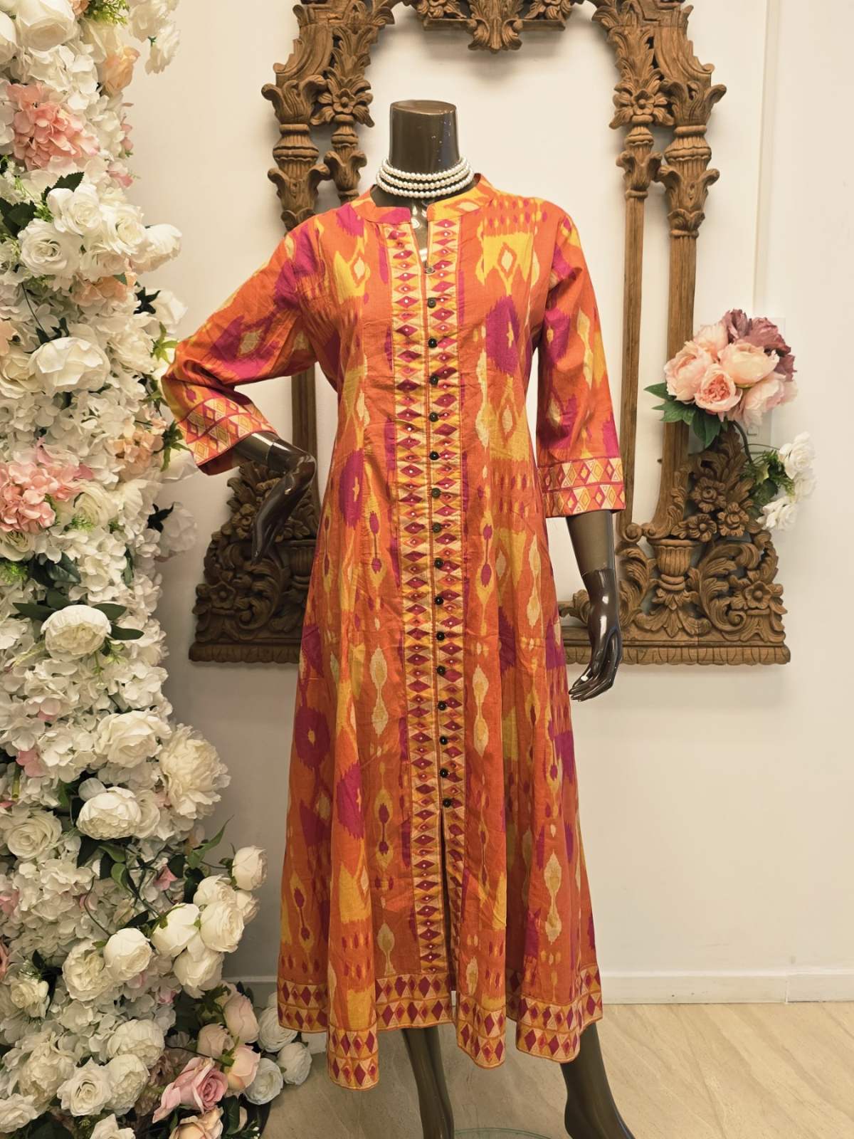 Orange Mosaic Button-Front Maxi Dress