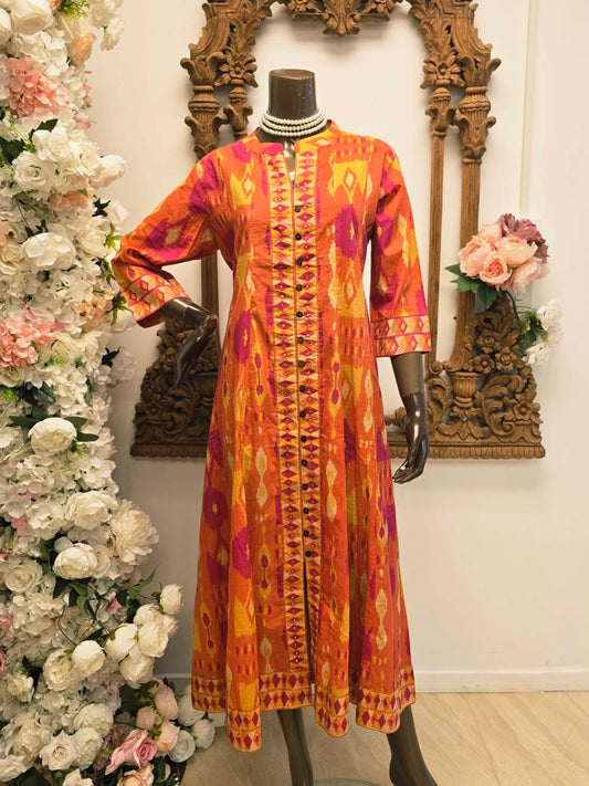 Orange Mosaic Button-Front Maxi Dress
