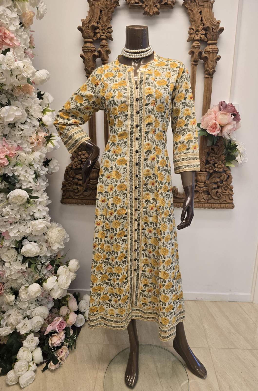 Golden Bloom Button-Front Maxi Dress