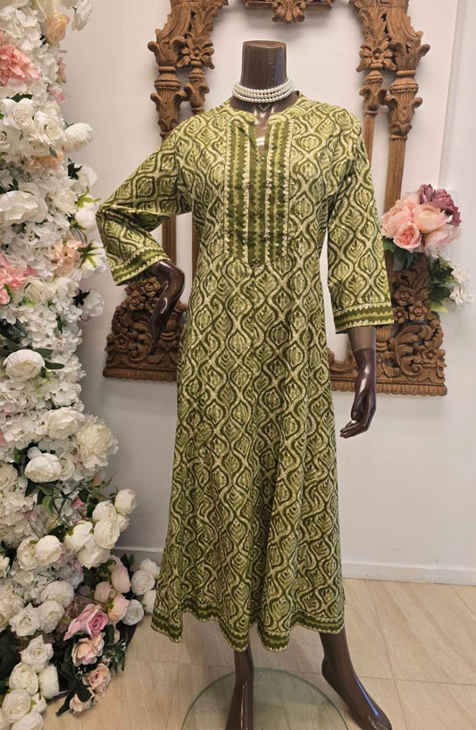 Verdant Echo Embroidered Panel Maxi Dress