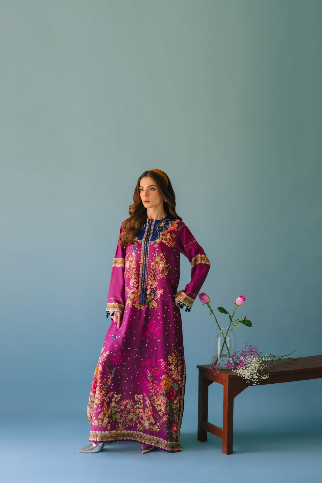 Turkish Magenta Floral Kaftan Set – with Matching Pants