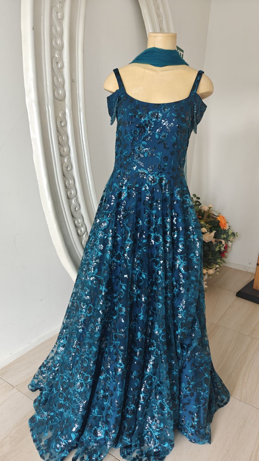 Teal Embellished Off‑Shoulder Gown