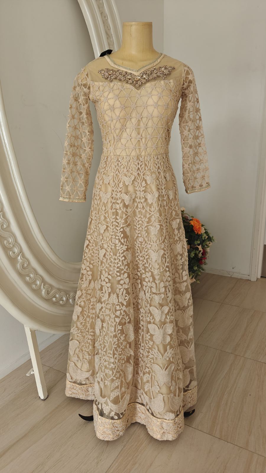 Beige Sheer‑Neck Gown