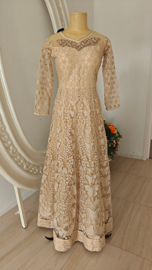 Beige Sheer‑Neck Gown