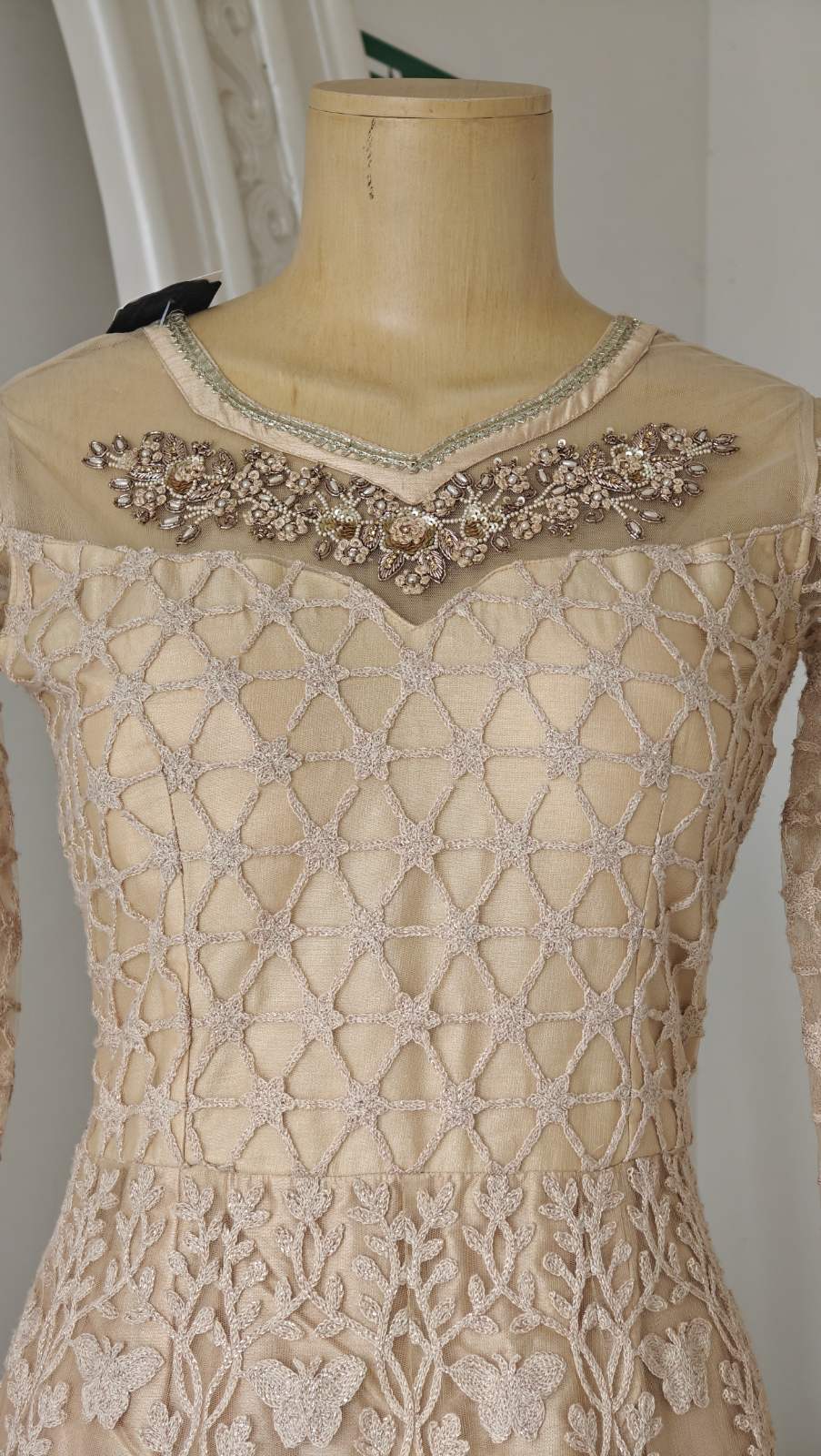 Beige Sheer‑Neck Gown