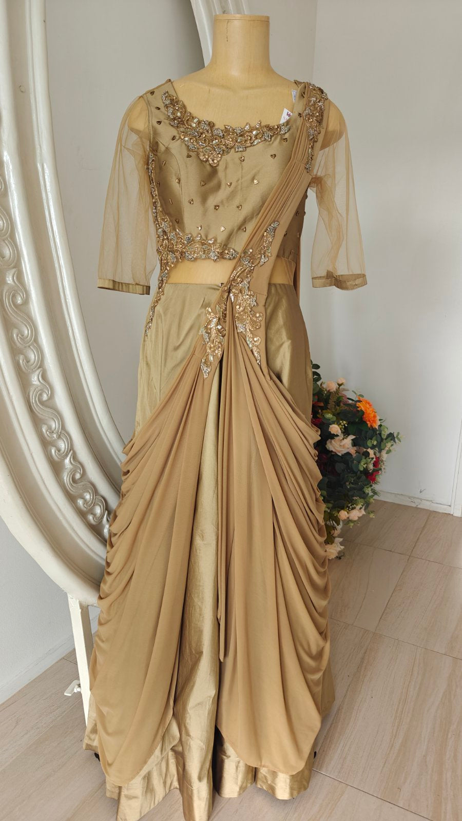 Golden Veil Draped Gown