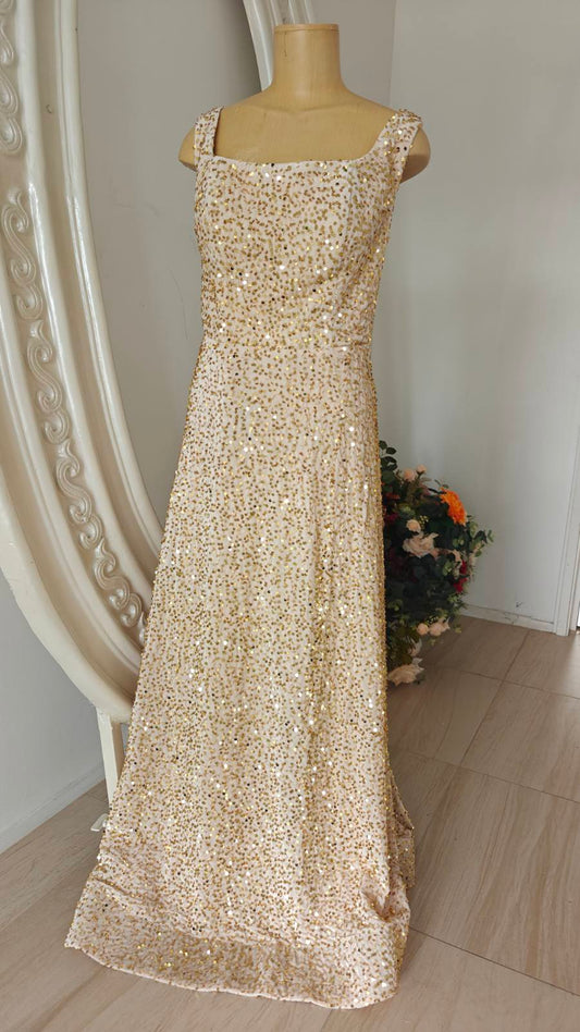 Sequin Golden Square‑Neck Gown