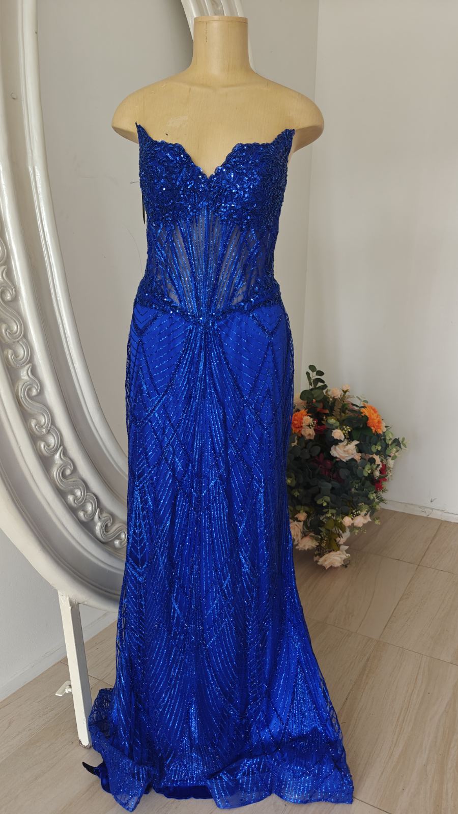 Sapphire Blue Beaded Sweetheart Gown