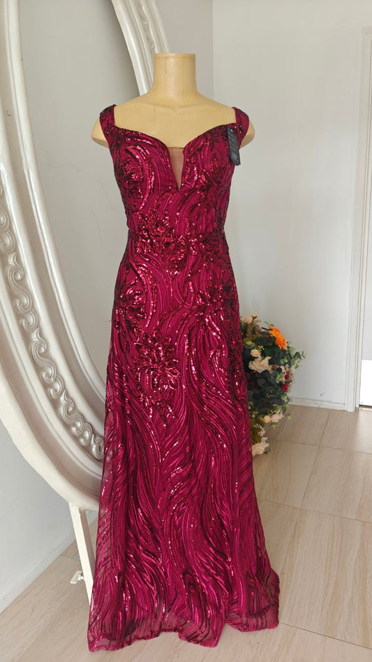 Embellished Deep Red Cap‑Sleeve Gown