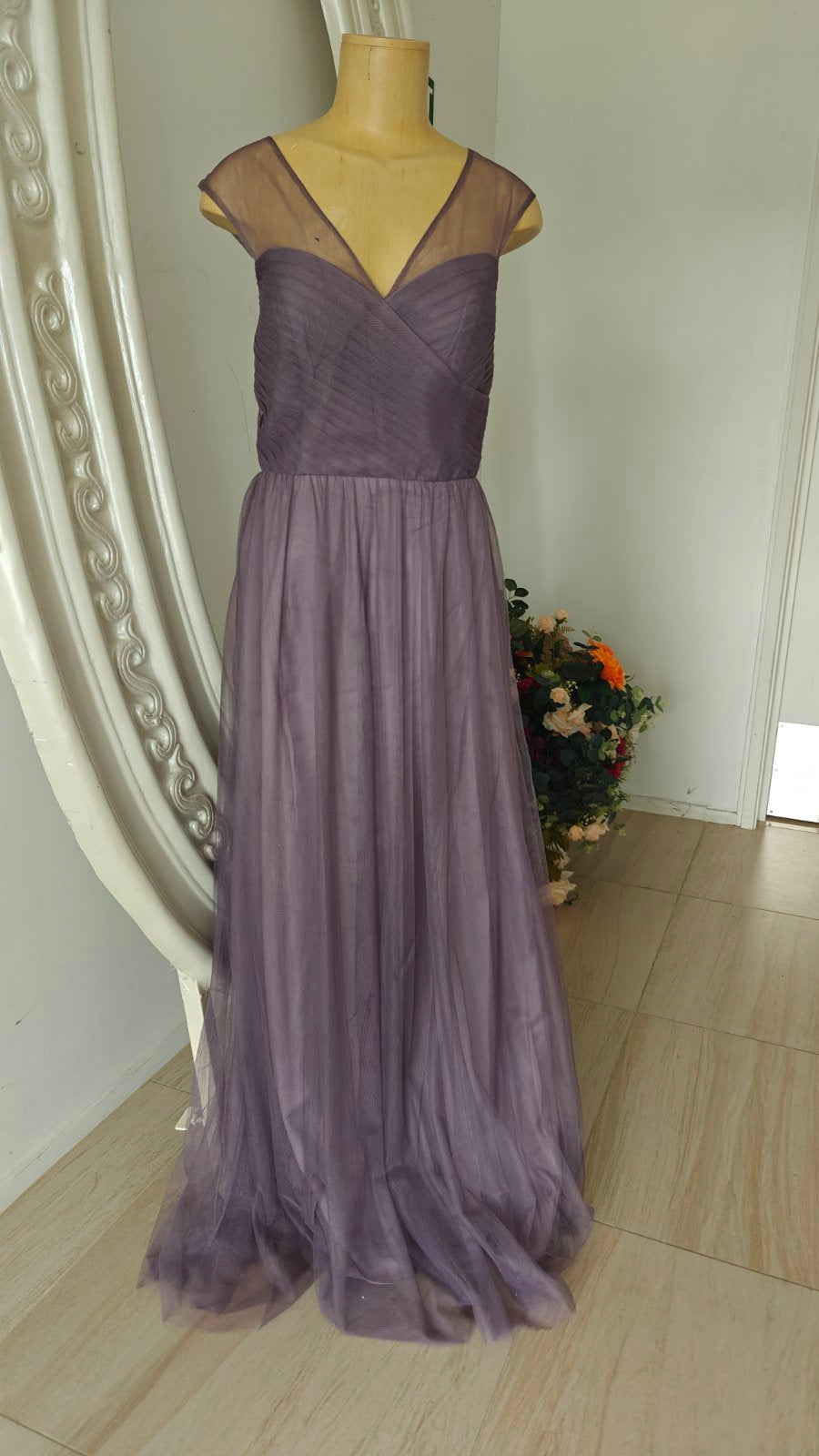 Lavender Sheer V‑Neck Tulle Gown