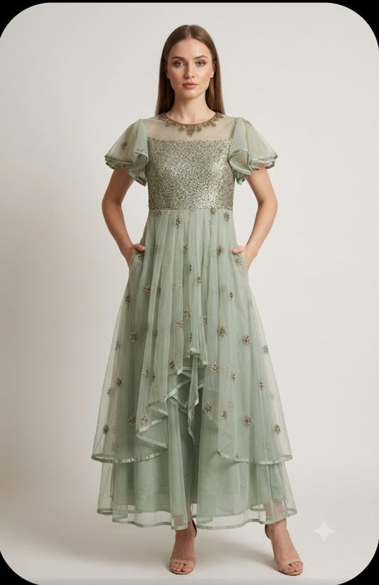 Sage Embroidered Layered Gown