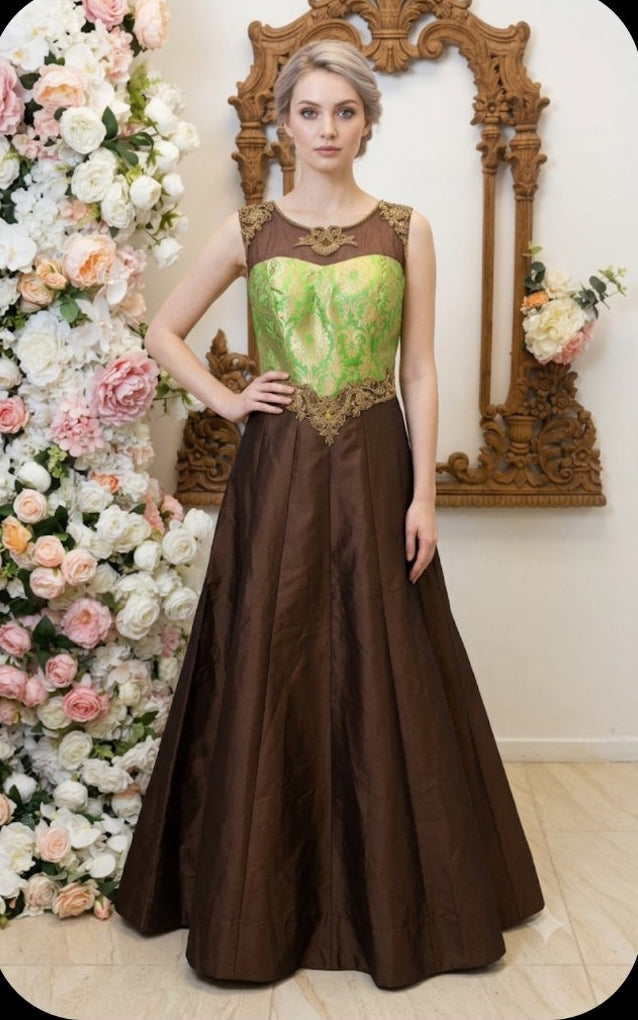 Olive & Cocoa Embroidered Gown