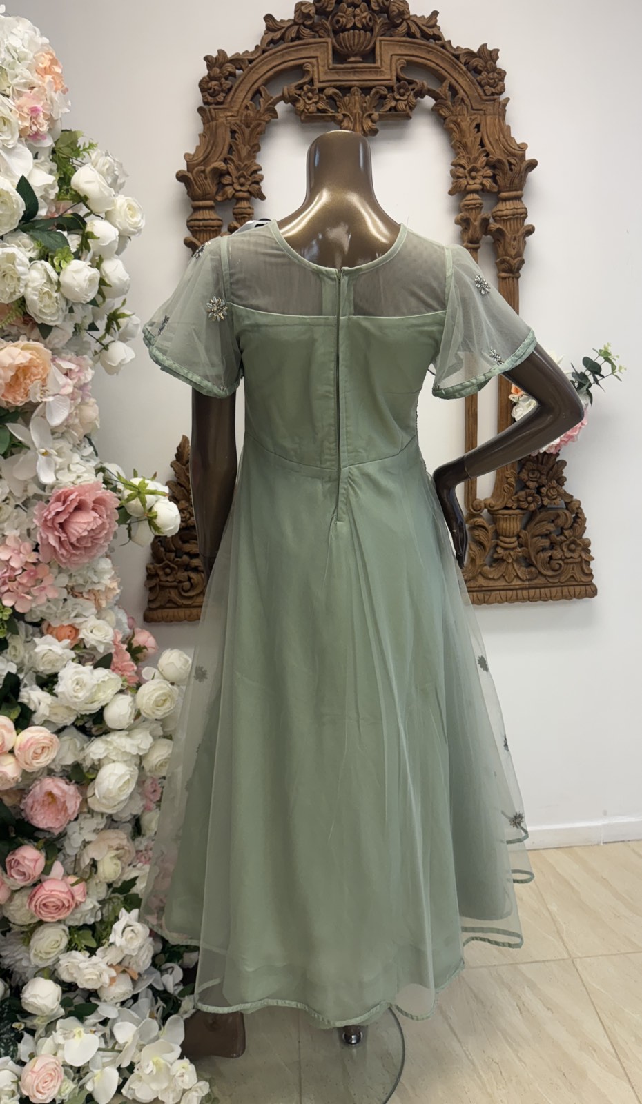 Sage Embroidered Layered Gown